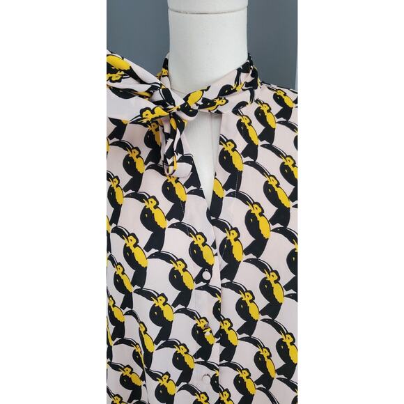 Avec Les Filles Novelty Bird Print Toucan Bow Button Up Long Sleeve Top Medium - Picture 2 of 3